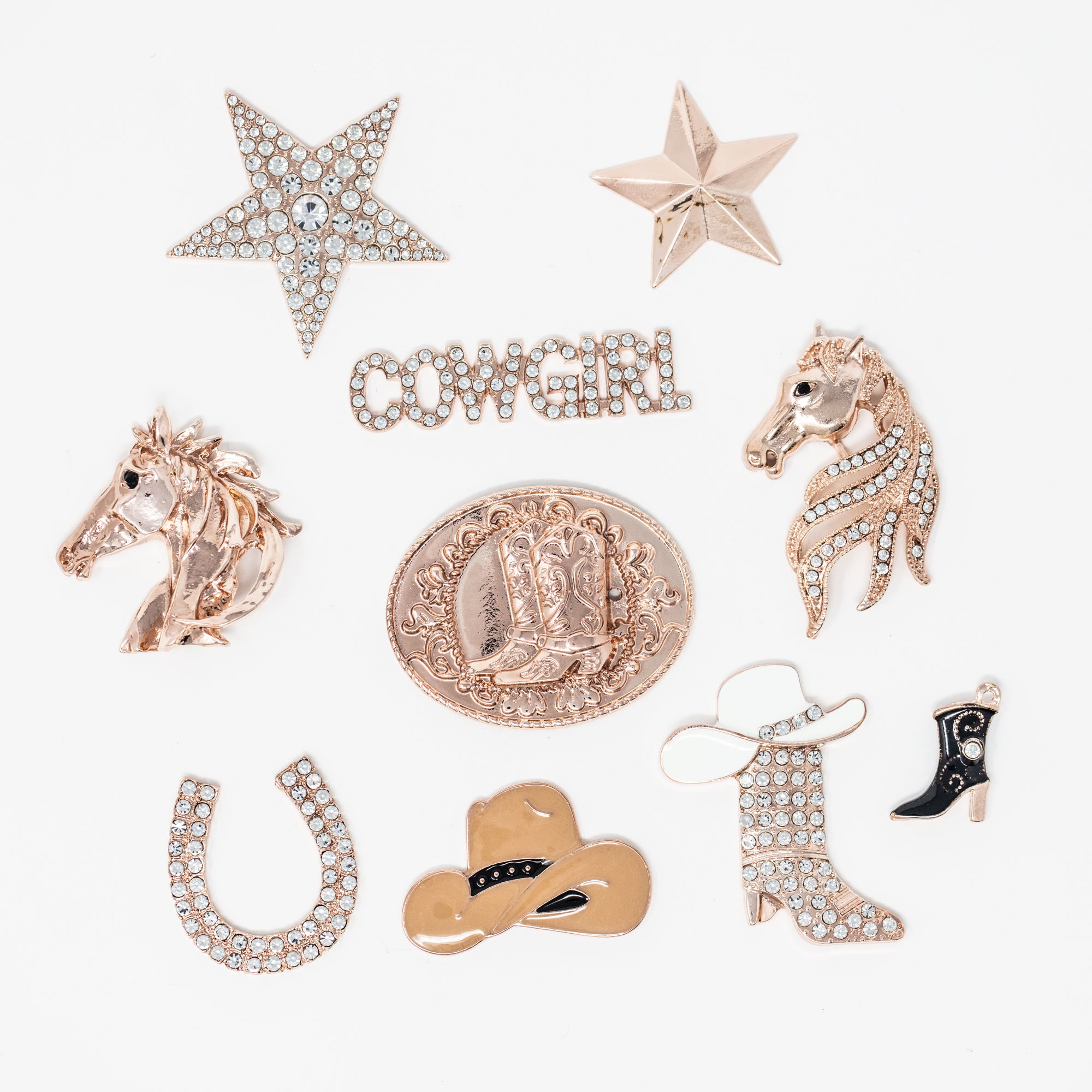 Rose Gold rhinestone cowgirl embellishments for crafts and DIY projects sparkle boots, hats, horses stars