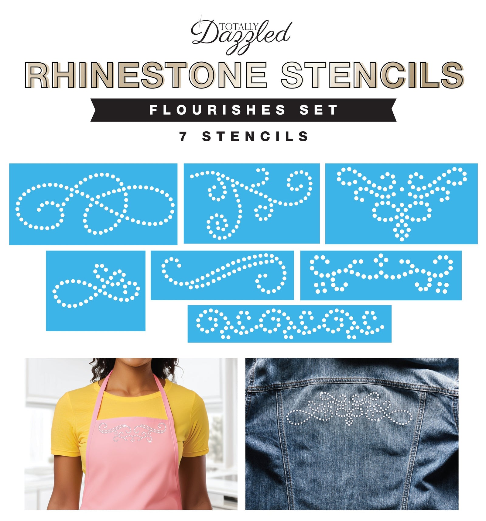 A set of 7 blue rhinestone stencils with intricate patterns, displayed on a white background. Below is an image of a person wearing a yellow top and a pink apron, using one of the stencils for crafting on a denim material.