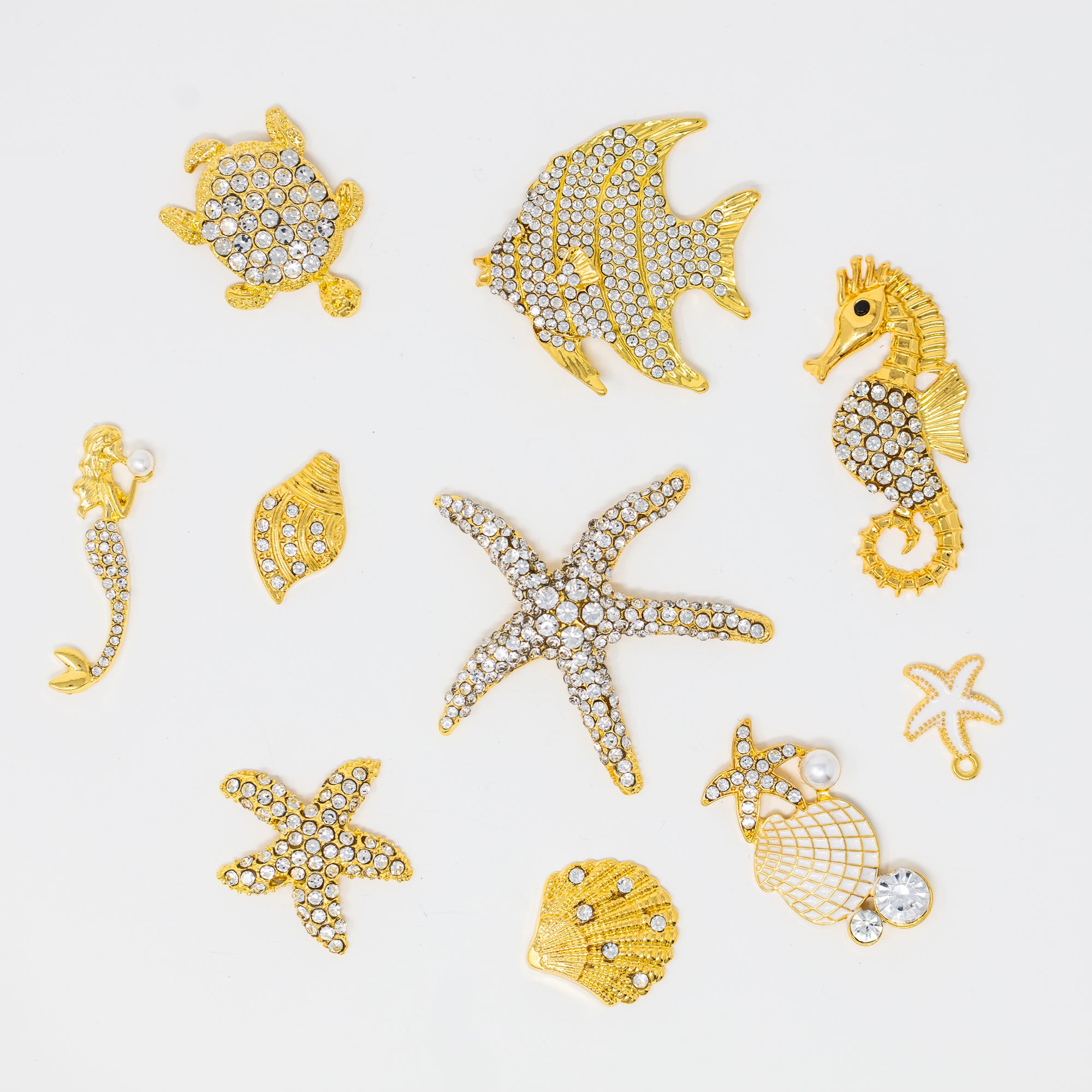 Coastal Rhinestone Embellishments Gold metal finish. Beach crafting embellishments Rhinestone Starfish Sea horse mermaid seashells turtles
