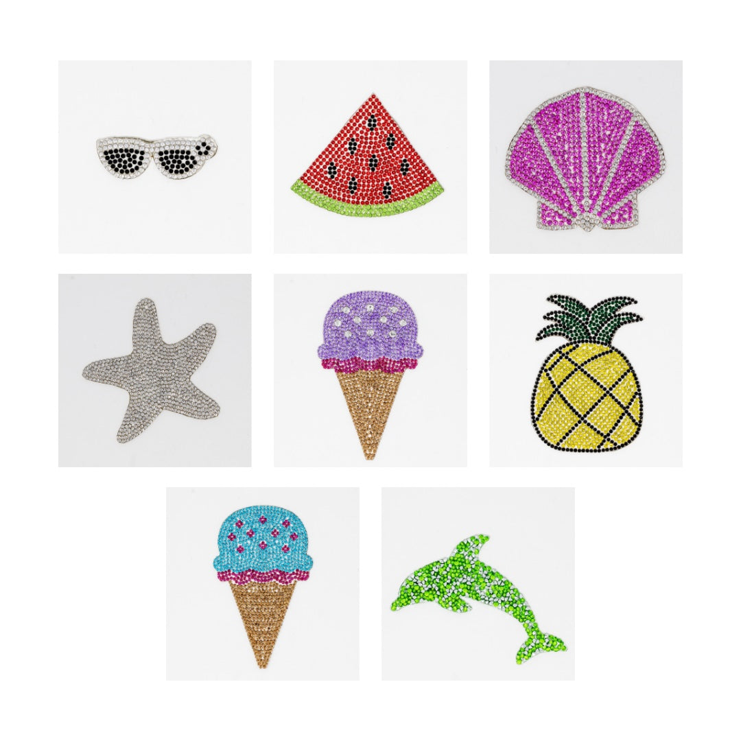 shell, watermelon, starfish, pineable, dolphin appliques with rhinestones for crafts