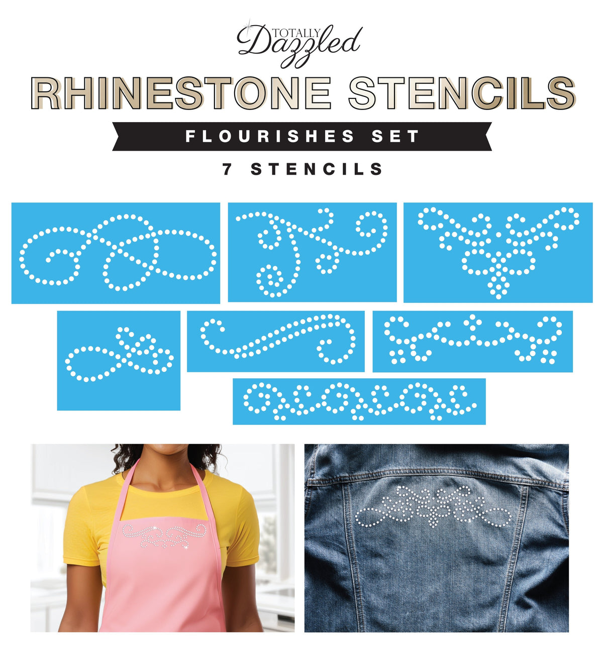 A set of 7 blue rhinestone stencils with intricate patterns, displayed on a white background. Below is an image of a person wearing a yellow top and a pink apron, using one of the stencils for crafting on a denim material.