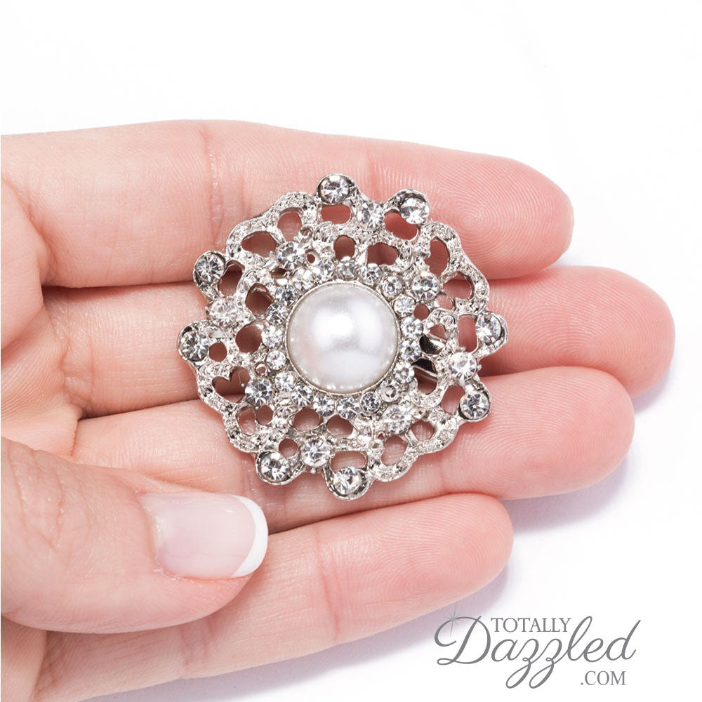 Totally Dazzled Pearl Brooch with Rhinestones in Silver