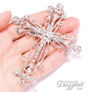 Rhinestone Silver Cross Brooch in Hand